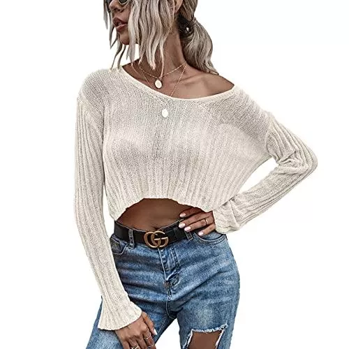 Cocoarm Pullover & Strickmode Damen Strickpullover Langarm V-Ausschnitt Kurz Pullover Drop Shoulder Crop Tops Lässiger lockerer Casual Oberteile Strickwaren Pulli