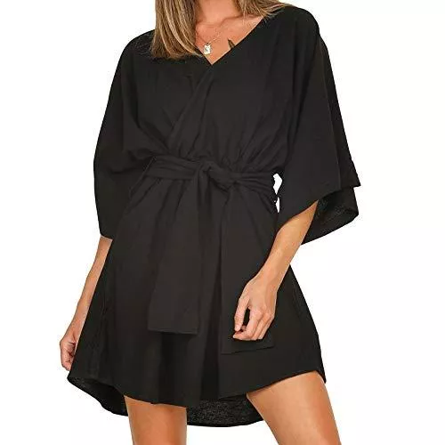 Byinns Freizeit Byinns Damen Kleid, einfarbig, Ausschnitt, zum Selbstbinden, lockeres Kleid