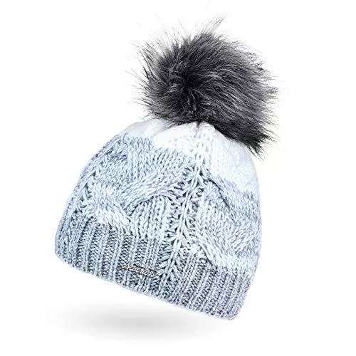Neverless Hüte & Mützen Neverless Damen Strick-Mütze gefüttert Fleece-Innenfutter Fell-Bommel Kunstfell Winter-Mütze Bommelmütze Zopfmuster Mehrfarbig