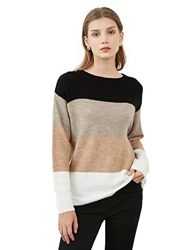 Woolen Bloom Pullover & Strickmode Woolen Bloom Damen Oversize Strickpullover Lässiger Gestreift Pullover Farbblock Rundhals Pulli in Feinstrick Flauschig Strickpulli Langärmeligem Strick Sweater Sweatshirt Oberteile Herbst Winter