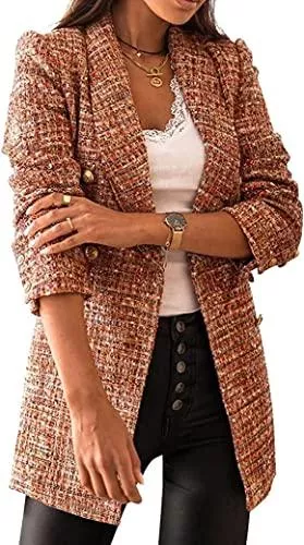 Vagbalena Blazer Vagbalena Eleganter Leichter offener Blazer für Damen Arbeit Büro Jacke kariert zweireihig Revers Slim Fit kariert Revers Revers offener Blazer