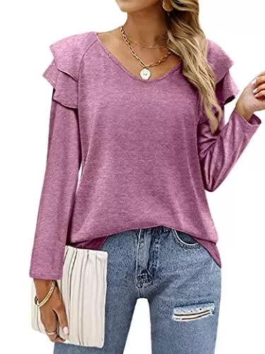WIEIYM Langarmshirts WIEIYM Damen T-Shirt V-Ausschnitt Oberteil Rüschen Kurzarm/Langrm Shirt Casual Tunika Tops