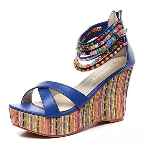 GETMOREBEAUTY Sandalen & Slides getmorebeauty Damen Keilsandalen mit Perlen über die Oberseite Plateau Sandalen High Heels