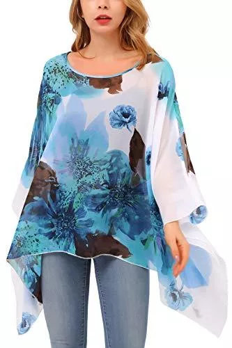 DJT Blusen & Tuniken DJT Damen Rundhals Batwing Chiffon Loose Fit Tuell Bluse