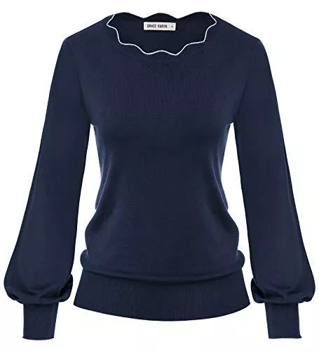 GRACE KARIN Pullover & Strickmode GRACE KARIN Damen Langarm Rundhals Pullover Vintage elegant Sweater Laternenärmel H-Linie Tops