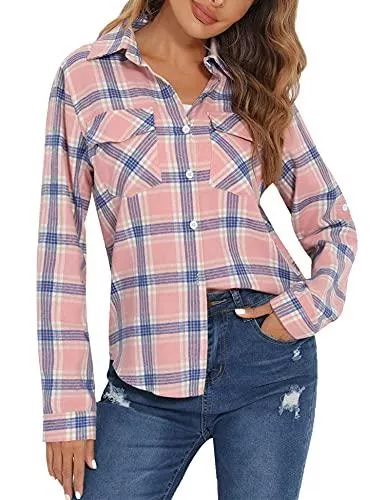 Enjoyoself Langarmblusen Enjoyoself Damen Karrierte Bluse Langarm Karo Flanell Hemden 100% Baumwolle Button-down Hemdbluse für Alltag und Oktoberfest