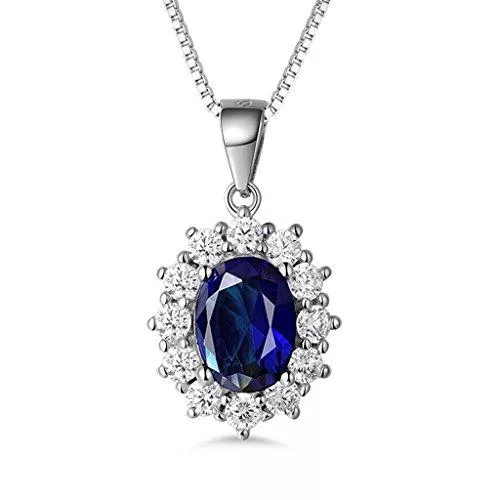 MASOP Schmuck MASOP Damen Halskette mit Anhänger 925 Sterling Silber Saphir Blau Oval und Weiß Rund Zirkonia CZ Prinzessin Diana Luxus Schmuck