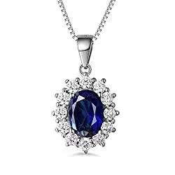 MASOP Schmuck MASOP Damen Halskette mit Anhänger 925 Sterling Silber Saphir Blau Oval und Weiß Rund Zirkonia CZ Prinzessin Diana Luxus Schmuck