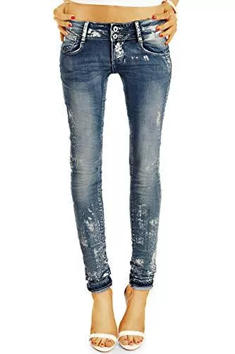 bestyledberlin Jeans be Styled Damenjeans Design Hosen Hüftjeans Damen mit weißen Farbflecken, röhriger Skinny Slim Schnitt j25r