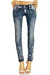 bestyledberlin Jeans be Styled Damenjeans Design Hosen Hüftjeans Damen mit weißen Farbflecken, röhriger Skinny Slim Schnitt j25r