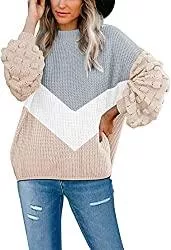 Sovoyontee Pullover & Strickmode Sovoyontee Damen überdimensioniert Rundhalsausschnitt Lose Puffärmel Klobig Stricken Niedlichen Pullover