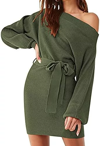 Viottiset Freizeit Viottiset Damen Eine Schulter Pullover Kleider Gerippte Taille Langarm Minikleid