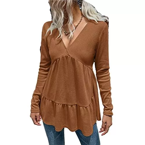 GOTOTOP Langarmshirts V-Ausschnitt Langarmshirts Casual Rüschensaum Bluse T-Shirt Damen Modisch Elegant Reine Farbe Lose Sweatshirt Pullover Tops