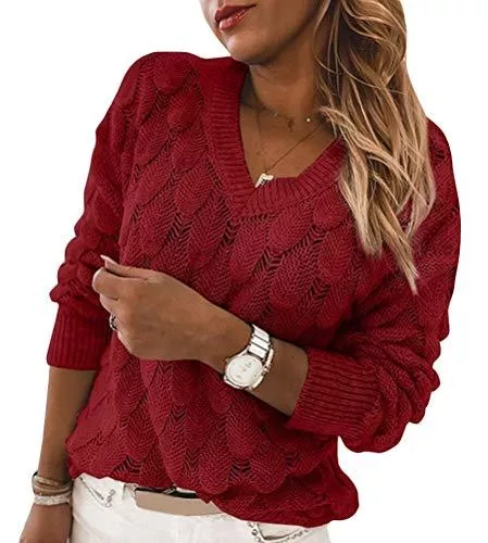 Tomwell Pullover & Strickmode Tomwell Pullover Damen Strickpullover Elegant Feder Hohlpullover Casual V-Ausschnitt Langarm Jumper Lose Pulli Einfarbig Sweater Oberteile Tops Herbst Winter