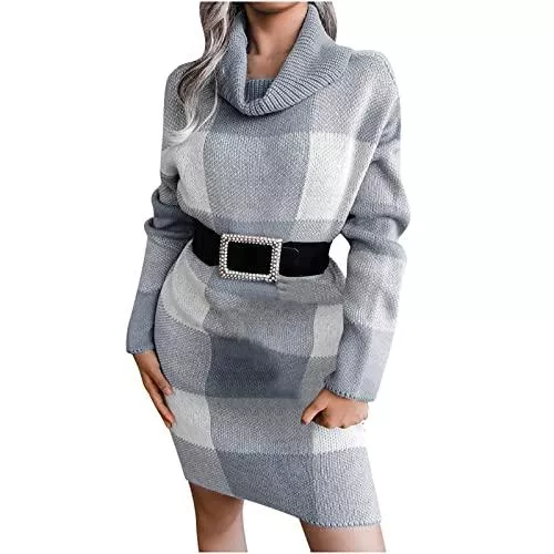 EMATOP Freizeit EMATOP Damen Pulloverkleid Elegant Strickkleid Knitted Rollkragen Langarm Minikleid Kariertes Pullover Herbst Winter Casual Abendkleider Hemdkleid Bequemes Weich Partykleid High Stretch Jumper