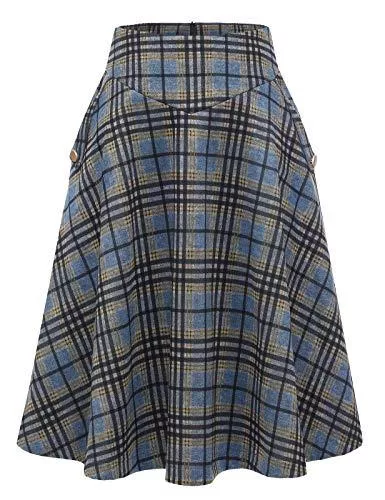 Bbonlinedress Röcke Bbonlinedress Rock Damen Lang Vintage Elegant Plaid Winterrock Warm Elastische Taille A Linie Röcke Casual Rock Hohe Taille Midi Rock