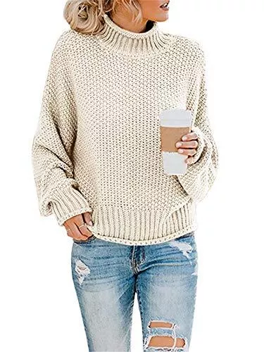Tomwell Pullover & Strickmode Tomwell Pullover für Damen Rollkragenpullover Casual Lose Pulli Langarm Oberteile Elegant Batwing Oversize Strickpullover