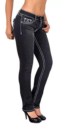 ESRA Jeans ESRA Damen Jeans Hose Jeanshosen Damen Straight Leg Dicke Naht Kontrastnaht bis Übergröße J540