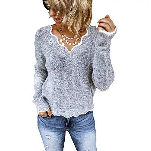 BAINA Pullover & Strickmode BAINA Damen Pullover Sexy V-Ausschnitt Causal Strickpullover Elegant Einfarbig Basic Sweatshirts Gemütlich Winter Lose Langarm Pulli Oversize
