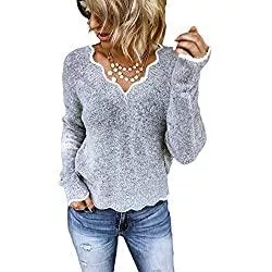 BAINA Pullover & Strickmode BAINA Damen Pullover Sexy V-Ausschnitt Causal Strickpullover Elegant Einfarbig Basic Sweatshirts Gemütlich Winter Lose Langarm Pulli Oversize