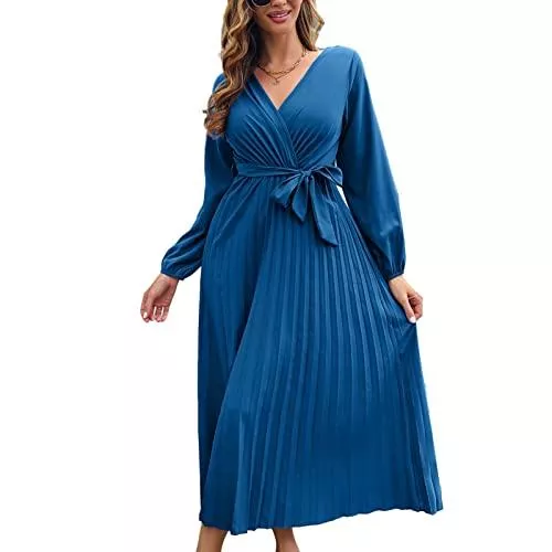 Cerlingwee Freizeit Cerlingwee Faltenkleid mit V-Ausschnitt, Einfarbiges Maxikleid für Damen, Langes Kleid mit Hoher Taille, Kleid mit Bindegürtel, Plissierte Ballonärmel, Weich und Hautfreundlich
