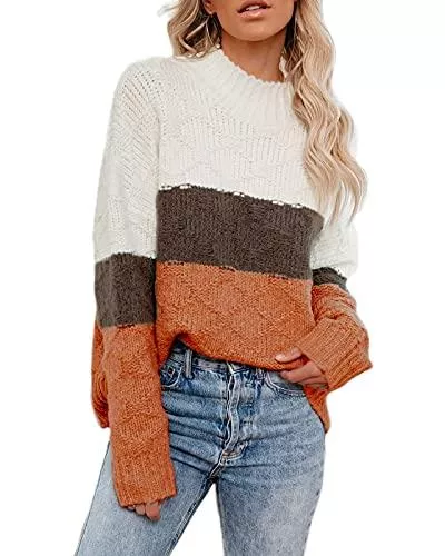 ANCAPELION Pullover & Strickmode ANCAPELION Ancapelio Damen Grobstrick Pullover Casual Stricken Sweater Lange Ärmel Pulli Farbblock Sweatshirt Elegant Jumper Rundhals Lose Oberteile Herbst Winter Outwear für Frauen