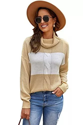 Jusfoouo Pullover & Strickmode Jusfoouo Pullover Damen Rollkragen Freizeitpullover Winter Strickpullover mit Kontrast Warmes und Elegantes Oberteil Langarm Lose Rollkragen Warm Tops S-XXL