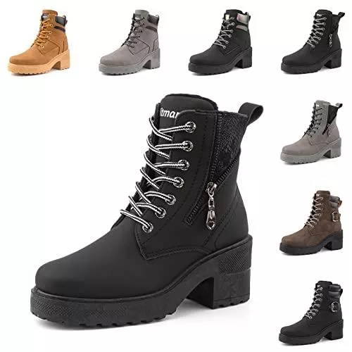 Hitmars Stiefel Winterstiefel Damen Stiefeletten Warm Gefütterte Winterschuhe Frauen Kurzschaft Stiefel mit Blockabsatz Geschnürt Schneestiefel Bequeme Draussen Stiefel Schwarz Braun Grau EU 36-41