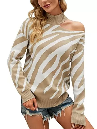 ASOMI Pullover & Strickmode ASOMI Sexy Pullover Damen Oberteile Off Shoulder Langarm Shirt Rollkragen Kalter Schulter Sweatshirt Bluse mit Zebra Streifen