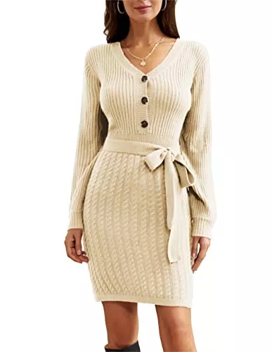 GRACE KARIN Freizeit GRACE KARIN Damen Elegant Pulloverkleider Vintage V-Ausschintt Cocktail Knopfleiste Langarm Kleider Etuikleid Freizeitkleid Minikleid mit Gürtel