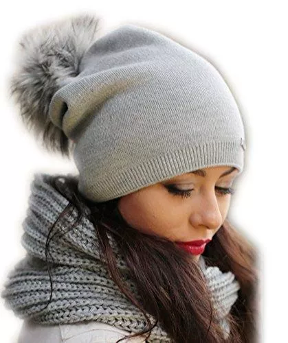 Unbekannt Hüte & Mützen Unbekannt Damen Mütze Winter, Herbst Beanie mit großem Kunstfellbommel I Frauen Beany Strickmütze Wintermütze I Elegant, mit Bommel Grau Dunkelgrau Beige Blau Rosa