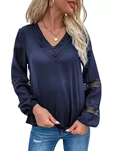 SheIn Langarmblusen SheIn Damen Blusen Elegant Langarmshirts Spitzen Bluse OL Business Oberteile mit Spitzen