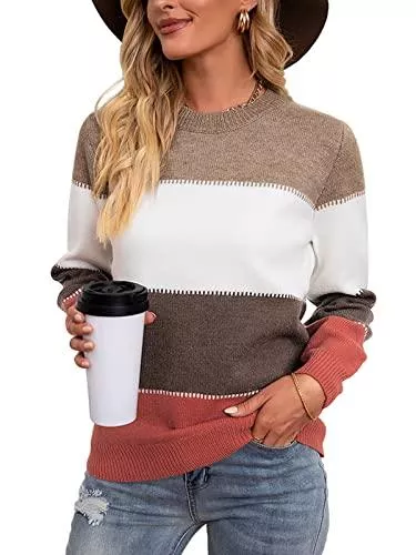 Sudetoil Pullover & Strickmode Sudetoil Damen Pullover Elegant Winter Rundhals Strickpullover Langarm Casual Oversize Pullover Farbblock Patchwork Sweaters Tops