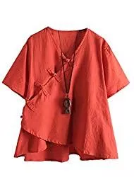 MatchLife Langarmblusen MatchLife Damen Leinen Tops Klassisches Vintage T-Shirt Chinesisch V-Ausschnitt Tunika Bluse