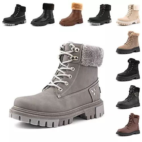 Hitmars Stiefel Winterstiefel Damen Gefüttert Winterschuhe Lack Warme Flache Absatz Stiefeletten Kurzschaft Schnürboots Schneestiefel Schwarz Braun Grau Khaki Größe 36-41 EU