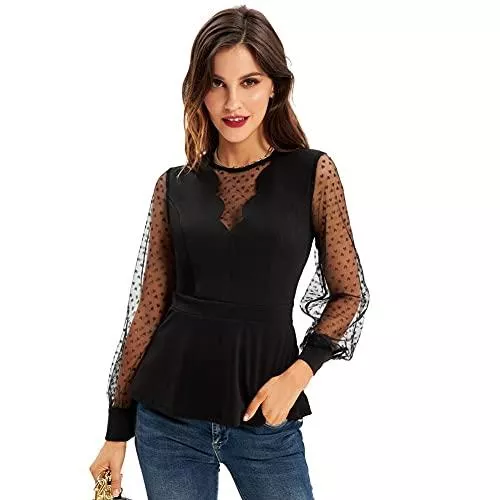 GRACE KARIN Langarmblusen GRACE KARIN Damen Elegant Bluse Transparent Langarm Mesh Tops V-Ausschnitt Shirts Tunika Top