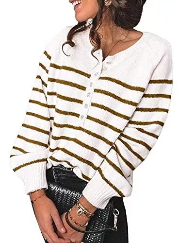 Zereesa Pullover & Strickmode Zereesa Damen Gestreifter Pullover Winter V-Ausschnitt Strickpullover Sweater Oversize Pulli Grobstrick Winterpullover Mit Halboffene Knopfleiste S-XXL