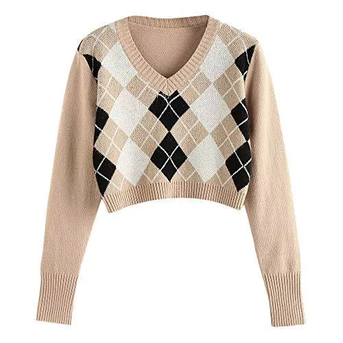 ZAFUL Pullover & Strickmode ZAFUL Damen Pullover V Ausschnitt Argyle Langarm Kurzer Pullover Jumper Sweater