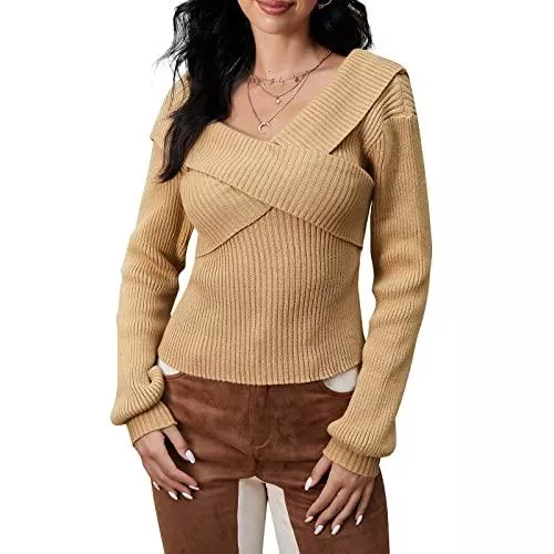 ZAFUL Pullover & Strickmode ZAFUL Zaul Damen Pullover Verknotet V-Ausschnitt Lange Ärmel Elegant Gestrickt Pullover Für den Herbst Winter