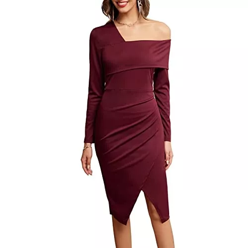 GRACE KARIN Business GRACE KARIN Damen EIN Schulter Kleid Cocktail Bleistiftkleid Knielang Elegant Figurbetont Kleid 3/4 Ärmel Geraffte Midikleid CL1348A22