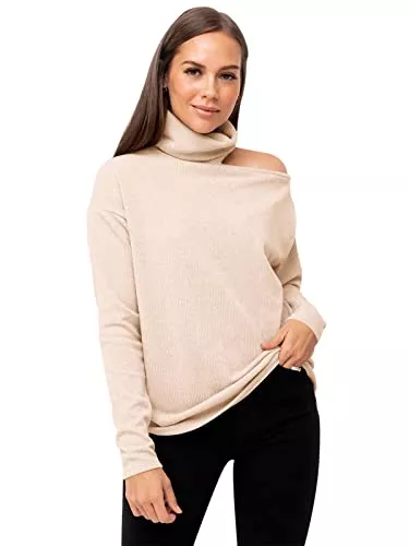 ADREAMLY Pullover & Strickmode ADREAMLY Rollkragenpullover Damen Off Shoulder Pullover Langarm Stretch Rippstrick Strickpullover Fleece Lined Oberteile Tops