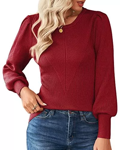 Merloria Pullover & Strickmode Merloria Pullover Damen Rundhals Laternenärmel Strickpullover Eleganter Langarm Jumper Winter Pulli Warm Oversize Oberteile Top