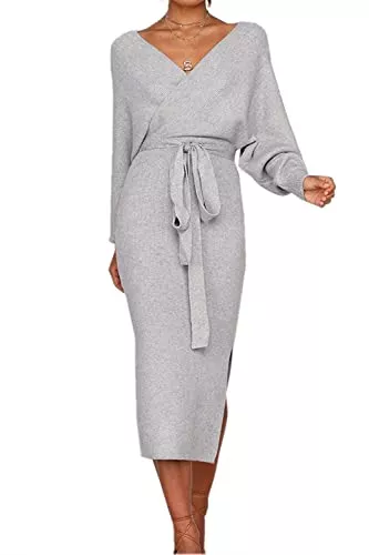 Imuedaen Freizeit Imuedaen Pulloverkleid Damen V-Ausschnitt Elegant Strickkleid Langarm Pullover Tunika Kleid Mit Gürtel für Herbst Winter