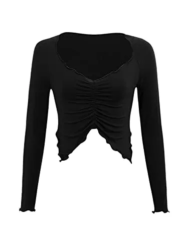 GORGLITTER Langarmshirts GORGLITTER Damen Bauchfrei T-Shirt Herzausschnitt Oberteile Crop Top Langarmshirts mit Asymmetrischem Saum