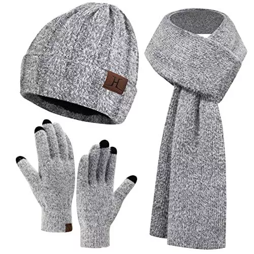 Bequemer Laden Hüte & Mützen Bequemer Laden Damen Winter Warm Beanie Mütze Touchscreen Handschuhe und Lange Schal Set mit Fleecefutter Wintermütze Winterschal Winterhandschuhe