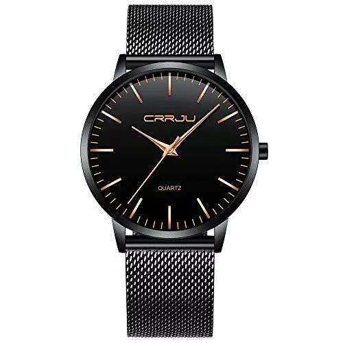 FIZILI Uhren Uhren Ultra Dünne Schwarze Minimalistische Quartz mit Milanese Mesh Edelstahl