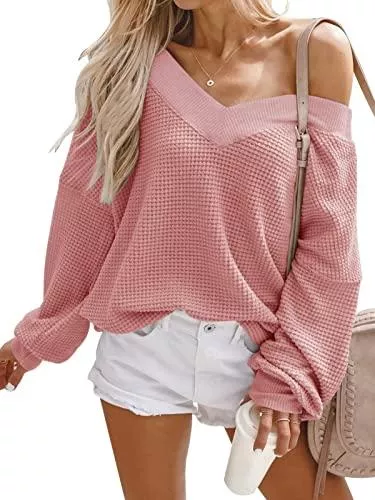 ADREAMLY Pullover & Strickmode ADREAMLY Damen Pullover mit V-Ausschnitt langärmelig Waffelstrick Schulterfrei