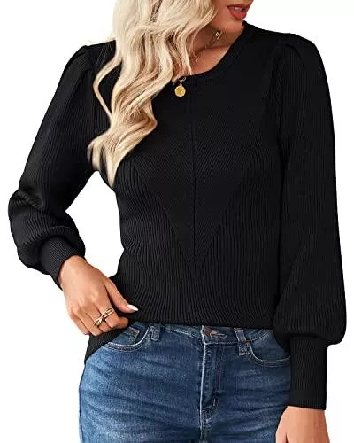 Merloria Pullover & Strickmode Merloria Pullover Damen Rundhals Laternenärmel Strickpullover Eleganter Langarm Jumper Winter Pulli Warm Oversize Oberteile Top