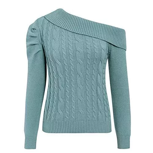 ROirEMJ Pullover & Strickmode ROirEMJ Damenpullover,Sexy Unregelmäßig Gestrickte Grüne Pullover Frauen Asymmetrische Puff Schulter Pullover Weibliche Pullover Damen Solide Winterpullover