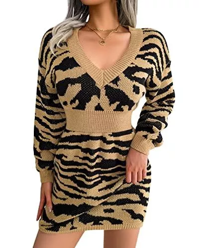 BebreezChic Freizeit BebreezChic Damen Strickkleid Minikleid Zopfmuster V-Ausschnitt Langarm Pulloverkleid Einfarbige Tunika Elegante Casual Herbst Winter